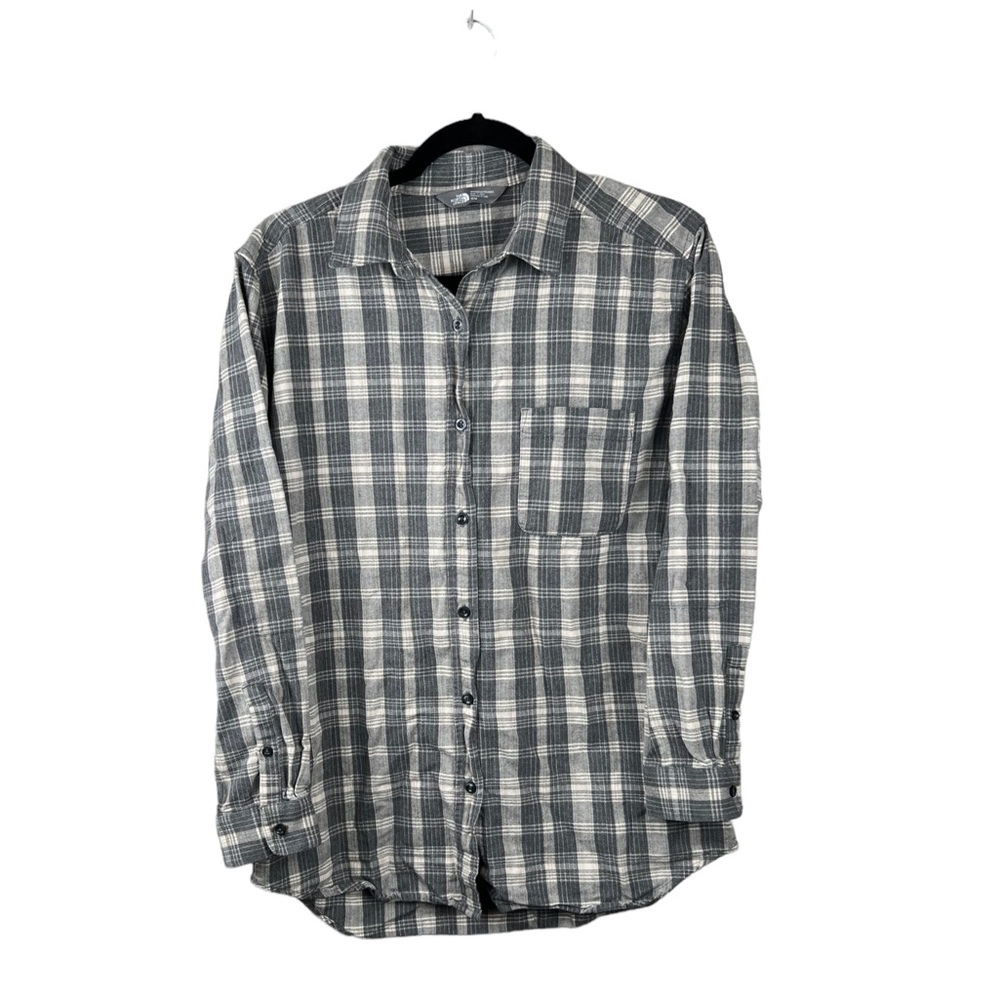 The North Face Women’s Gray and White Long Sleeve Flannel Button Up Shirt Size M